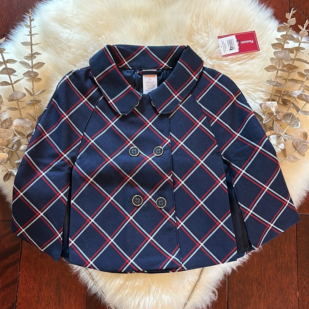 NWT toddler girls Gymboree navy blue lined plaid cape Parisian collection!